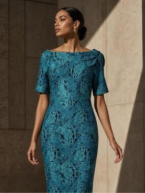 Teri Jon Teal Floral Jacquard Midi Sheath Dress